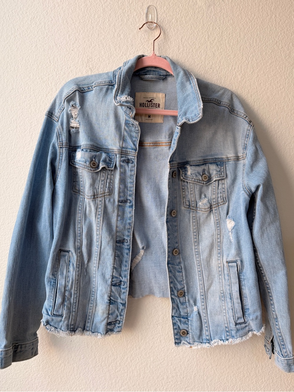 Hollister Light Wash Distressed Denim Jacket Raw Hem Jean Jacket Western M‎